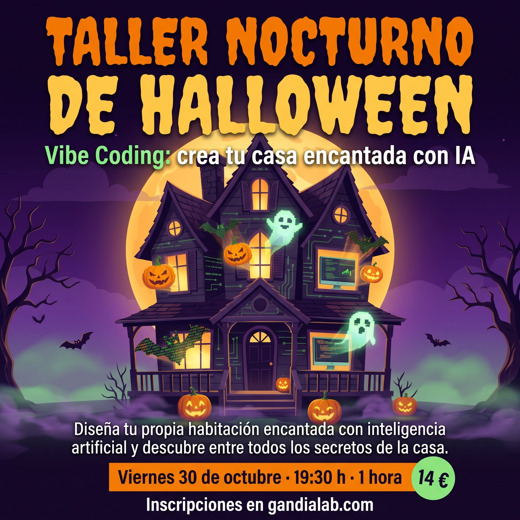 Cartel del Taller nocturno de Halloween: Vibe Coding, crea tu casa encantada con IA